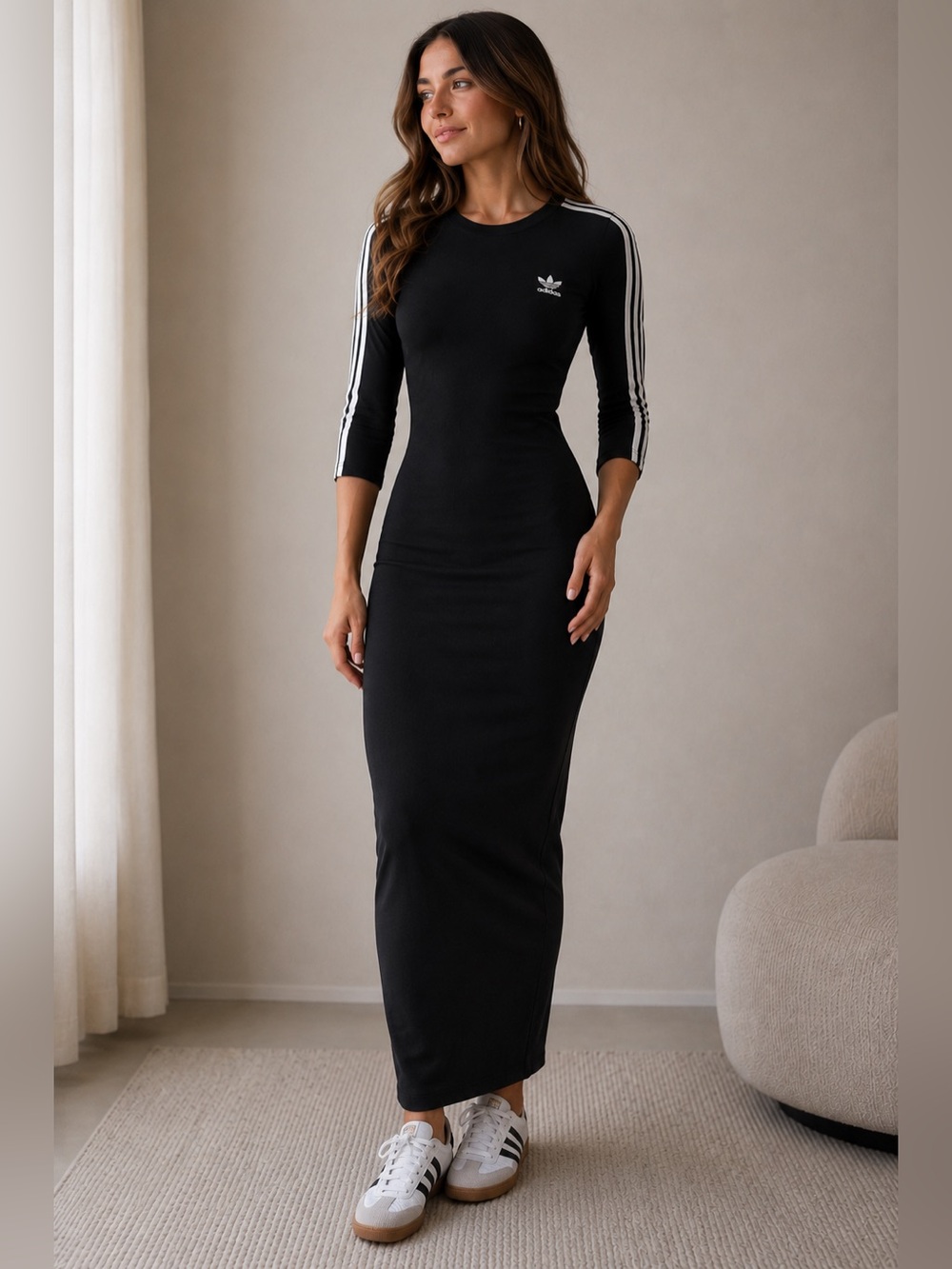 Adidas Originals Black Maxi Bodycon Dress 3 Stripe Athletic Dress Large